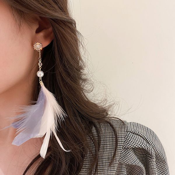 

925 silver needle autumn and winter colorful feather super fairy exaggerated personality fashion pearl earrings women