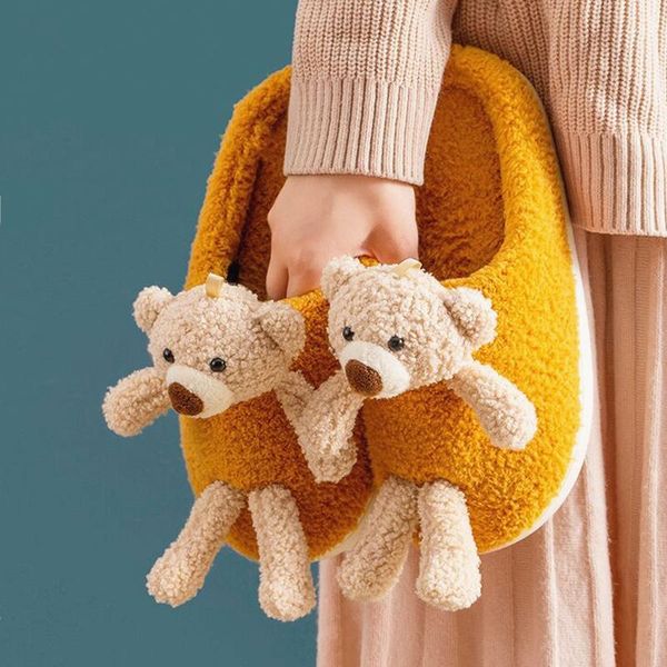 

winter cute bear-doll 3d designer women fur slippers warm plush bedroom ladies flat shoes house couples furry, Black