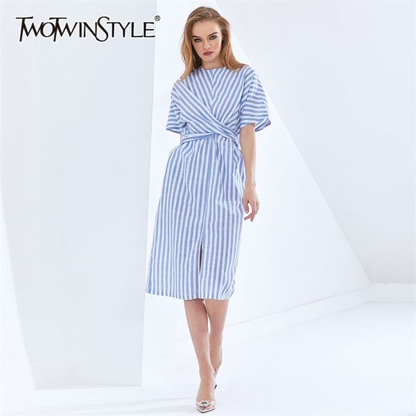 

striped elegant side split dress for women o neck short sleeve high waist lace up korean dresses female fashion 210520, Black;gray