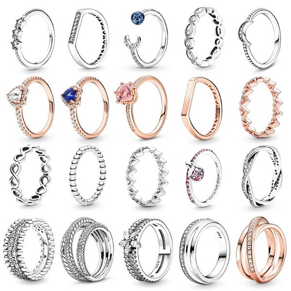 

cluster rings high-quality 100% 925 sterling silver pan sparkling snowflake double ring crescent moon beaded christmas gift, Golden;silver