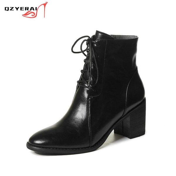 

boots 2021 fashion woman ankle genuine leather handmade autumn winter cross-tied heels, Black