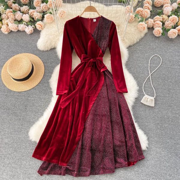 

casual dresses temperament goddess fan mingyuan dress lace up waist chic design sense high-end foreign style french retro velvet, Black;gray