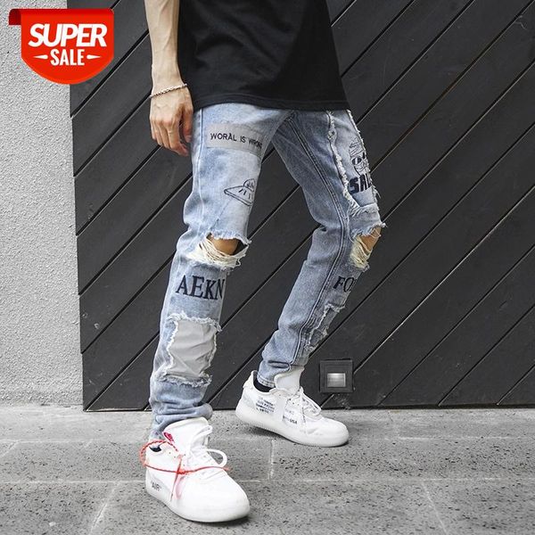 

3xl hole skinny jeans men streetwear letter print patchwork straight pencil pants male vaqueros hombre hip hop trousers #fm4k, Blue