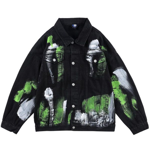 

men's jackets mens harajuku foil paint splatter denim jacket outwear streetwear male hip hop oversize retro black white coats, Black;brown