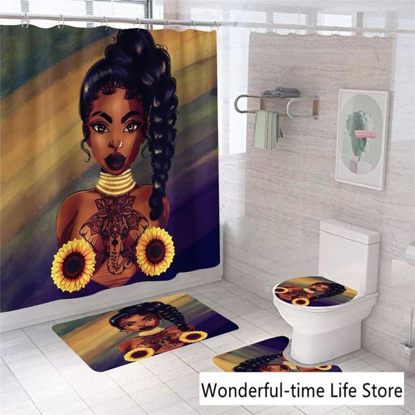 

shower curtains fashion african american women curtain waterproof durable non-slip carpets toilet seat cover bath rugs set