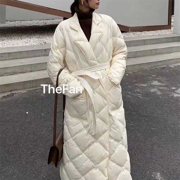 

heydress long winter coat rhombus pattern casual sashes women parkas pockets tailored collar puffer jacket cotton-padded outwear 211216, Black