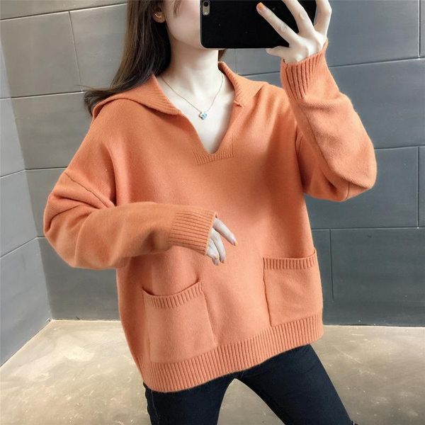 

women's sweaters 217263 room, row 8, no. 1 (] real s navy collar pocket solid color pullover sweater [1690] 47, White;black