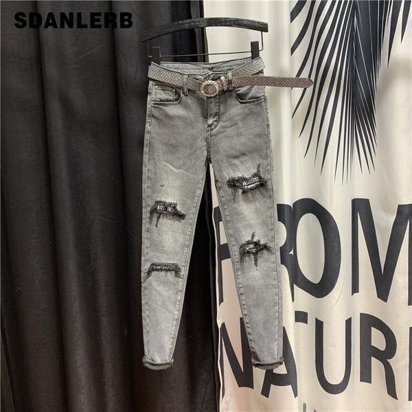 

women's jeans plus size holes skinny pencil pants slim fit denim ladies grey for women jeansy damskie, Blue