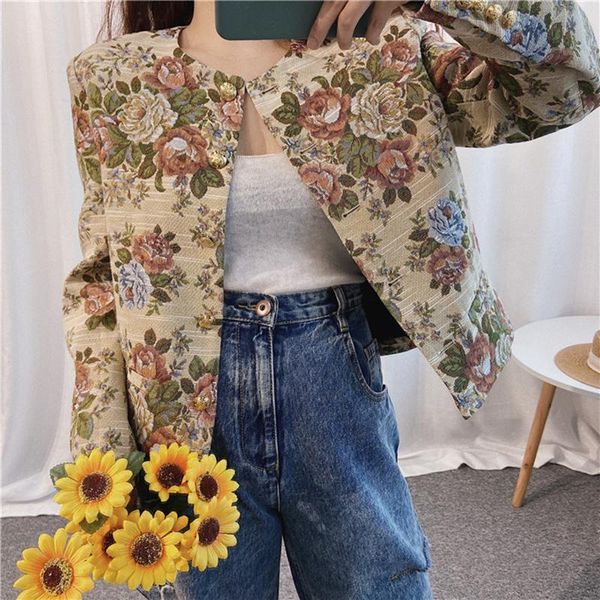

women's jackets vintage flowers print womens short jacket lady long sleeve single-breasted coat female clothes 2021 early autumn, Black;brown