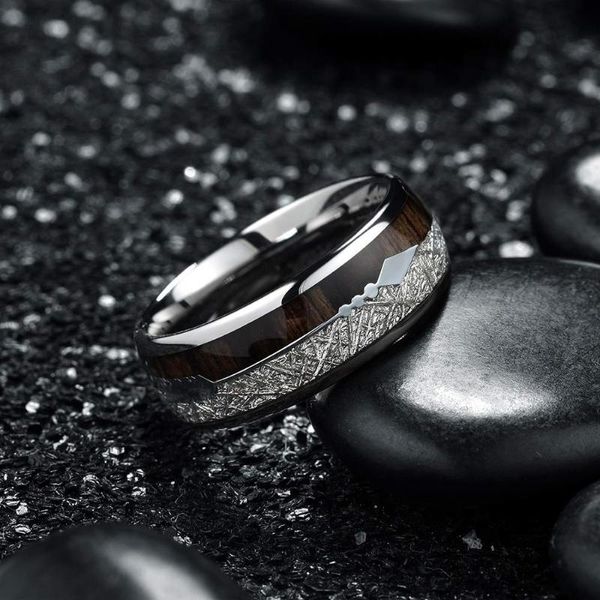 

wedding rings 2021 men's ring 8mm tungsten carbide stainless steel inlay hawaiian koa wood meteorite arrow band jewelry, Slivery;golden