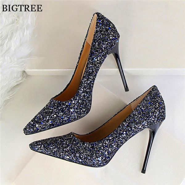

dress shoes star style bling fashion high heels autumn woman sequined cloth shallow party pointed toe women pumps 34-43, Black