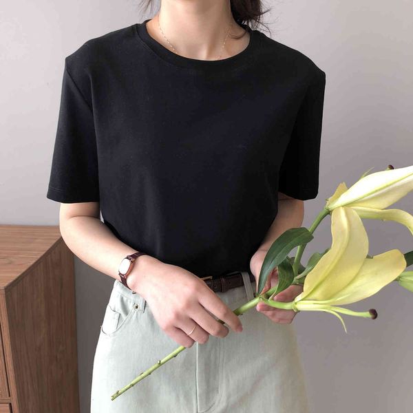 

women's t-shirt solid color short female 2021 basic korean summer around the loose neck white superior base 626