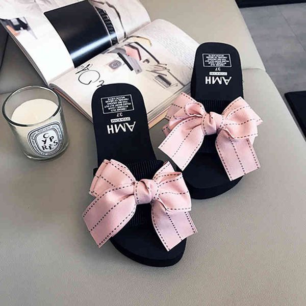 

sandals fashion stripe bow women high heels flip flops ribbon bowtie summer wees shoes woman platform y245, Black