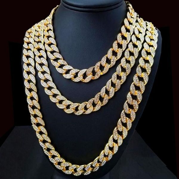 

chains miami curb cuban chain necklace 15mm 30inches golden iced out paved rhinestones cz bling rapper necklaces men hip hop jewelry, Silver