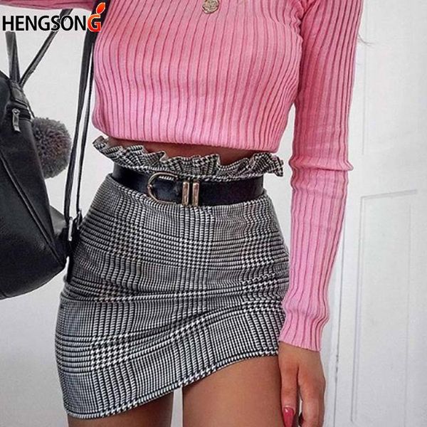 

skirts hegnsong summer skirt women bottoms fashion plaid a-line ruffles high waist mini female, Black