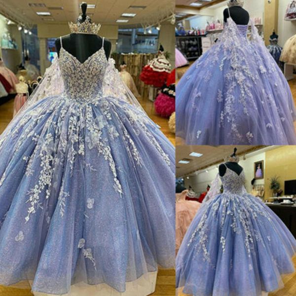 

lilac quinceanera dresses spaghetti straps sweet 15 ball gown lace applique bead 16 dress vestidos, Blue;red