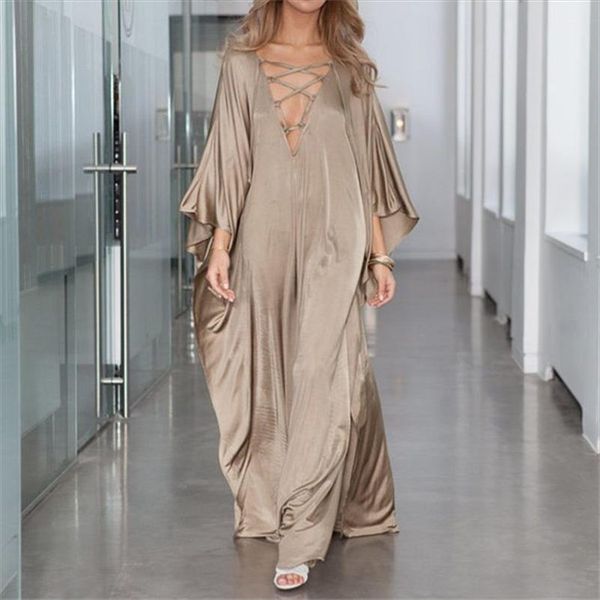

champagne gold summer lace women dress up plunging neck sleeve loose long beach beachwear maxi n877, Black;gray