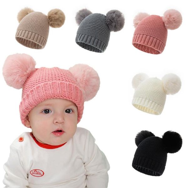 

caps & hats infant solid color knitting wool warm hat fashion double fluffy ball children headwear hair accessories clothing decoration, Yellow