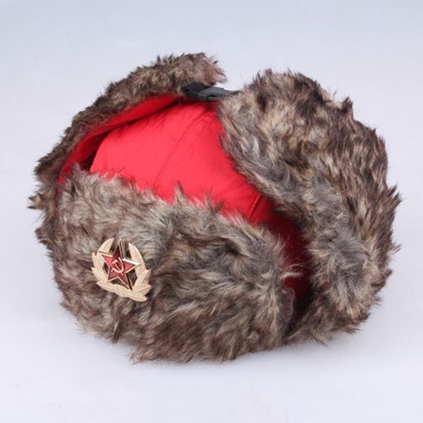 

berets russian soviet army military badge bomber hats warm winter faux fur earflap men snow caps drop, Blue;gray