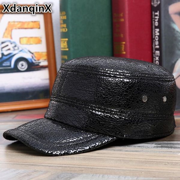 

xdanqinx genuine leather hat winter sheepskin warm military hats with ears flat caps for men women adjustable size earmuffs wide brim, Blue;gray