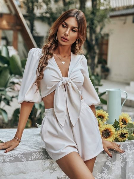 

knot front lantern sleeve crop & shorts 97tg#, White