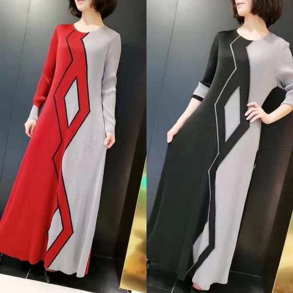 

dress miyake fashion fold sleeve patchwork o-neck straight long, Black;gray
