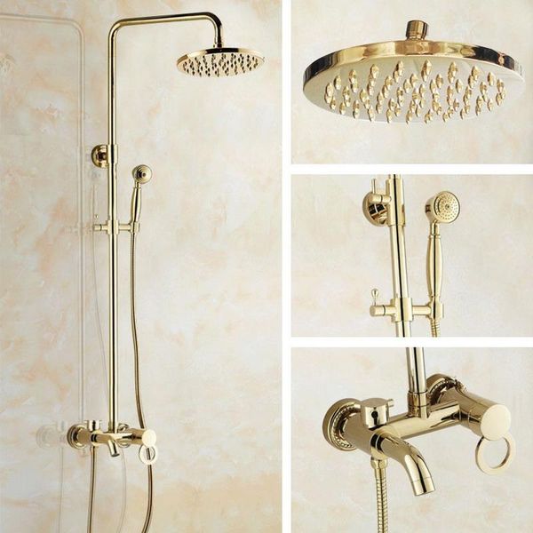 

bathroom shower sets gold color brass single handle wall mounted rain head bath tub faucet set telephone shape hand spray mgf402