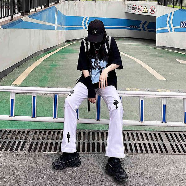 

crosin high street vibe style cross straight tube slim micro trumpet wide leg pants ins hip hop pants brand cmga, White;black