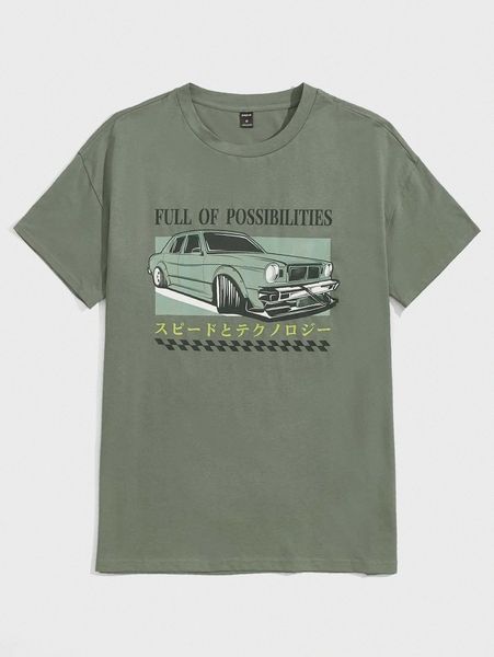 

men letter & car print round neck tee t6oa#, White;black