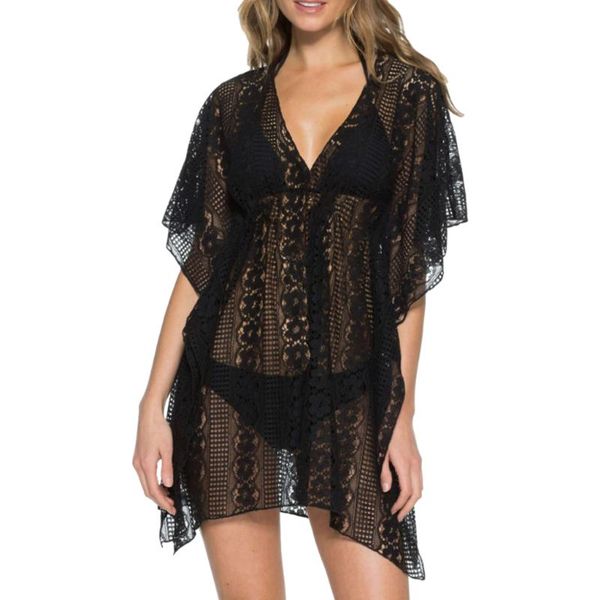 

itranyee bikini cover up dress women fishnet crochet hollow tunic beachwear 2021 summer v neck bathing suit women's swimwear, White;black