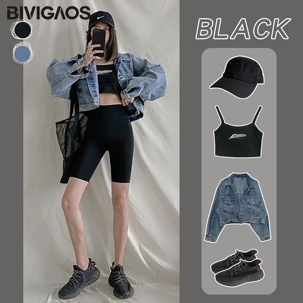 

bivigaos summer sharkskin biker women's stretch high waist knee short outside bodybuilding tide sports shorts 210310, White;black