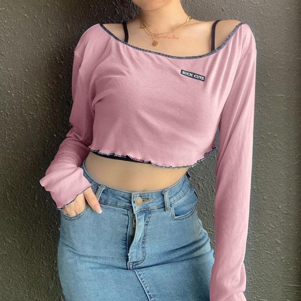 

women's t-shirt women stylish shirts casual sport long sleeve t shirt solid off shoulder mini short basic crop, White