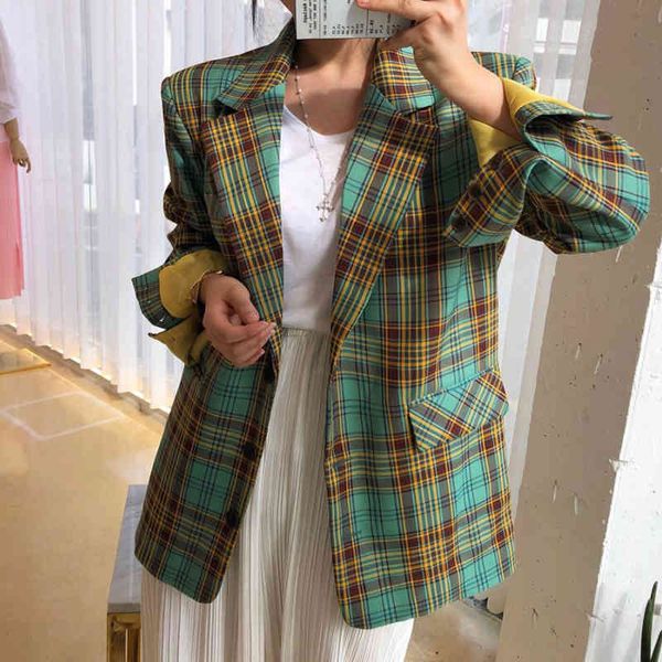 

[ewq] spring new ladies blazer retro british style pattern lapel single-breasted loose wild long-sleeved suit jacket women 210423, White;black