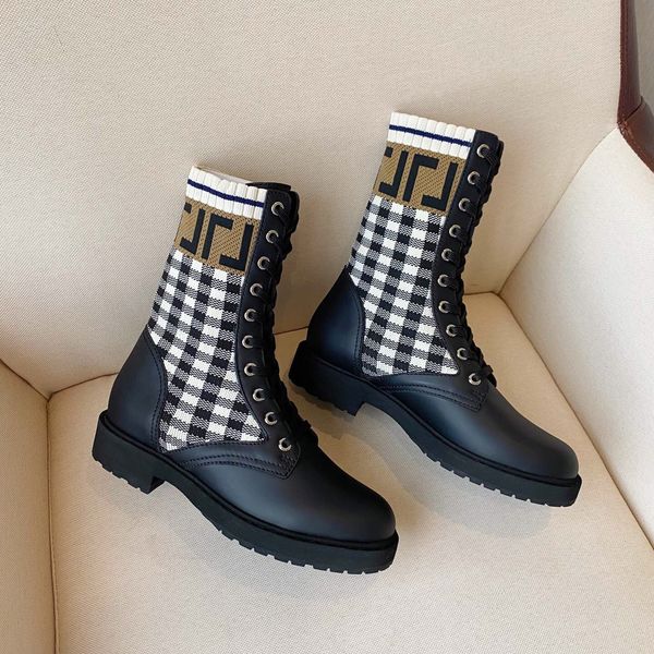 

check knitted sock-style flats ankle biker boots rockoko logo-jacquard stretch-knit and leather combat booties for women luxury designer sho, Black