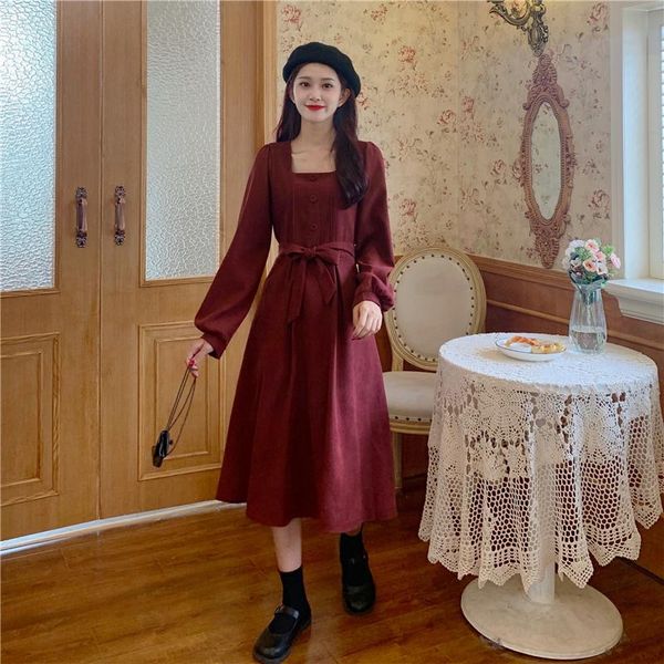 

casual dresses autumn korean style 2021 square collar solid color long sleeve dress a-line high waist corduroy midi, Black;gray