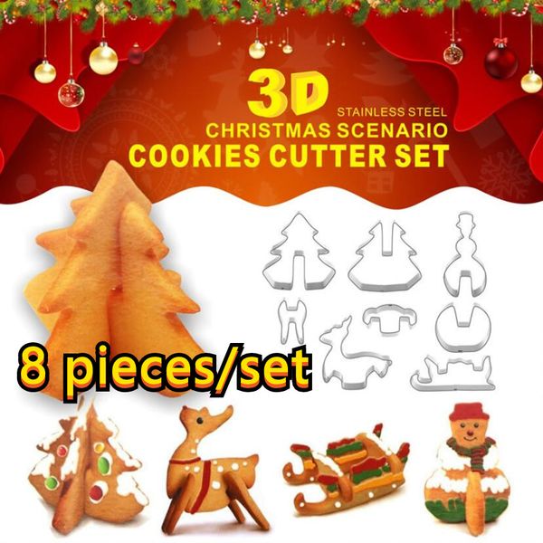 

8-piece Set Christmas Series Stainless Steel 3D Biscuit DIY Mold Christmas Tree Snowman Sleigh Elk Baking