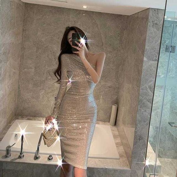 

temperament glittering sequins light luxury one shoulder backless dress annual party host performance small dress woman, Black;gray