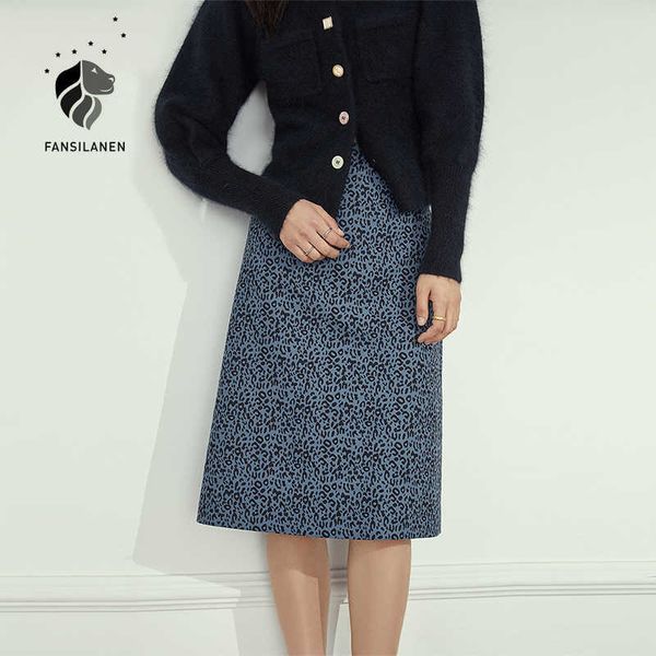 

fansilanen leopard print elegant blue midi skirt women autumn winter high waist a-line female office lady vintage 210607, Black