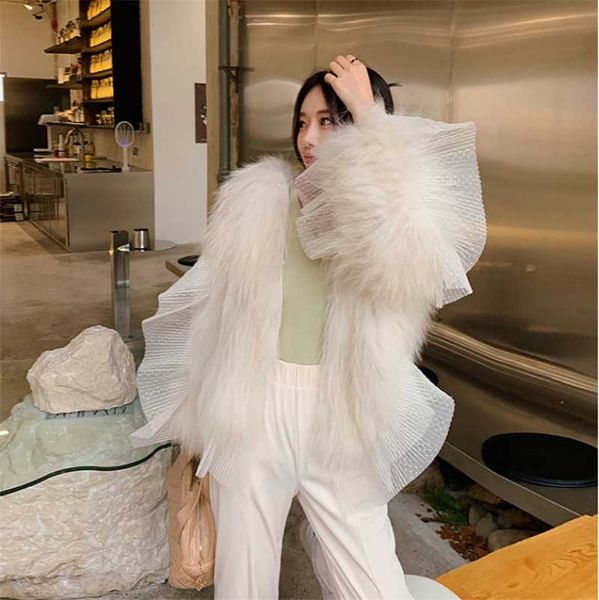 

women's fur & faux lace patchwork coat female 2021 mink winter warm white parkas streetwear for women, Black