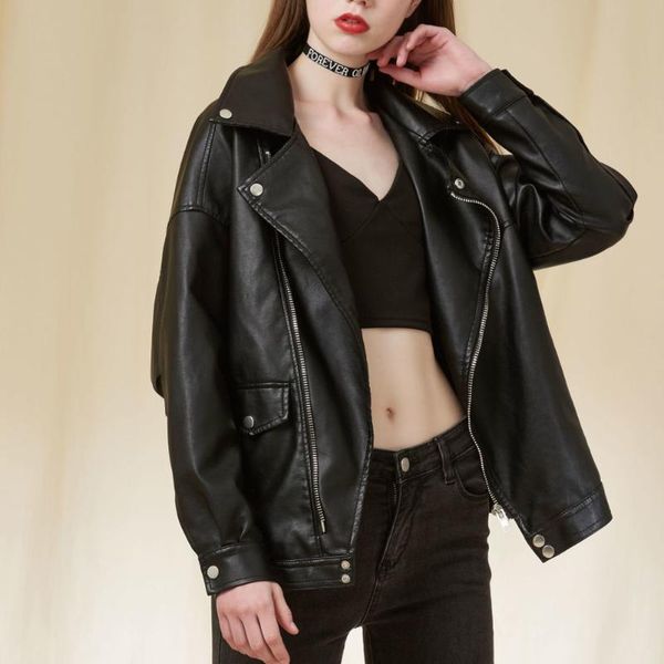 

women's leather & faux spring autumn women zippers jacket biker thick motorcycle pu streetwear loose coats, Black