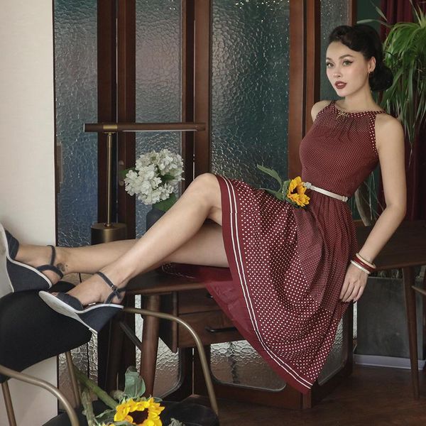 

casual dresses le palais vintage 2021 summer original purplish red polka dot chiffon dress for women elegant off shoulder pleated, Black;gray
