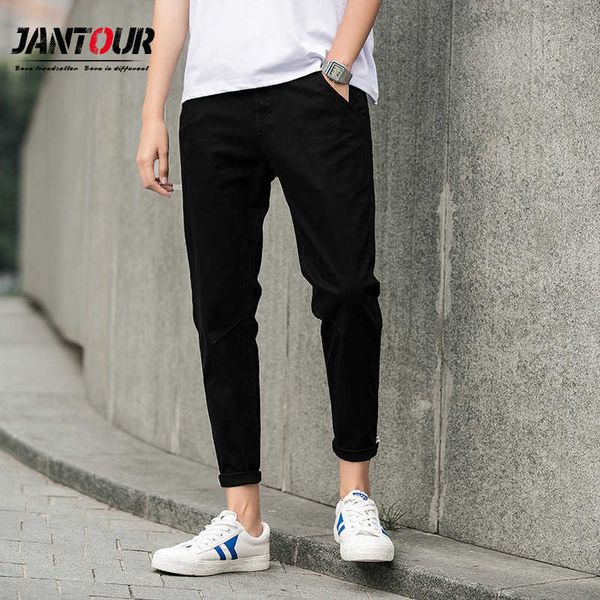

men's cotton elastic casual pants men solid color ankle-length pants high-quality business trousers male four seasons pant 210702, Black