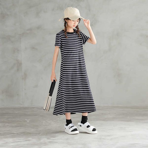 YourSeason Striped Girls o Дерея лето повседневное платье случайные дети дети девочка с коротким рукавом мода вязать хлопок макси платье 2021 q0716