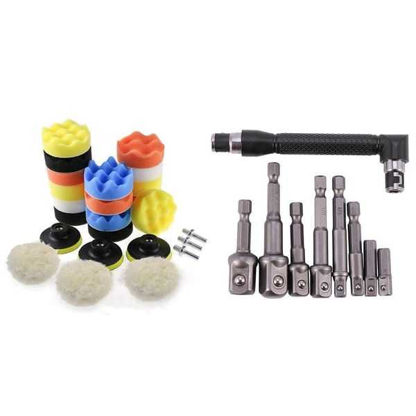 

pcs drill bits extension socket adapter impact hex shank screwdriver bar set & 25 car polishing sponge wheel kits care products