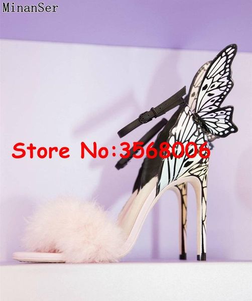 

colorful leather fur stiletto sandals open toe buckle strap lady high heels wedding party bridal shoes woman, Black