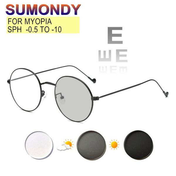 

sunglasses pochromic myopia glasses prescription -0.5 to -10 women men round alloy frame nearsighted astigmatism blue ray blocking uf44, White;black