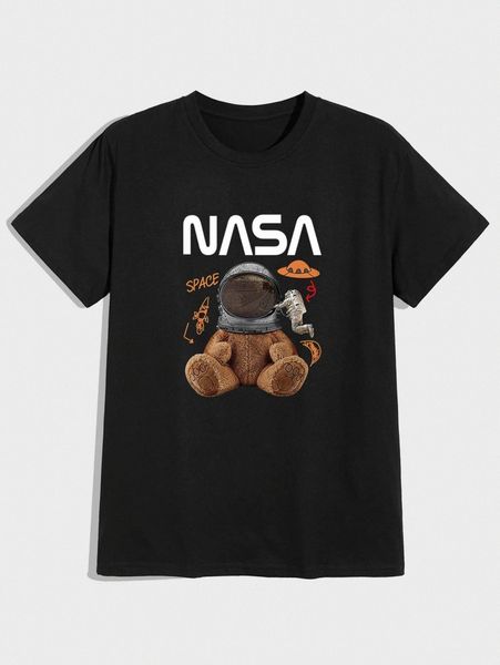 

romwe guys letter spaceman & cartoon graphic tee c9o3#, White;black