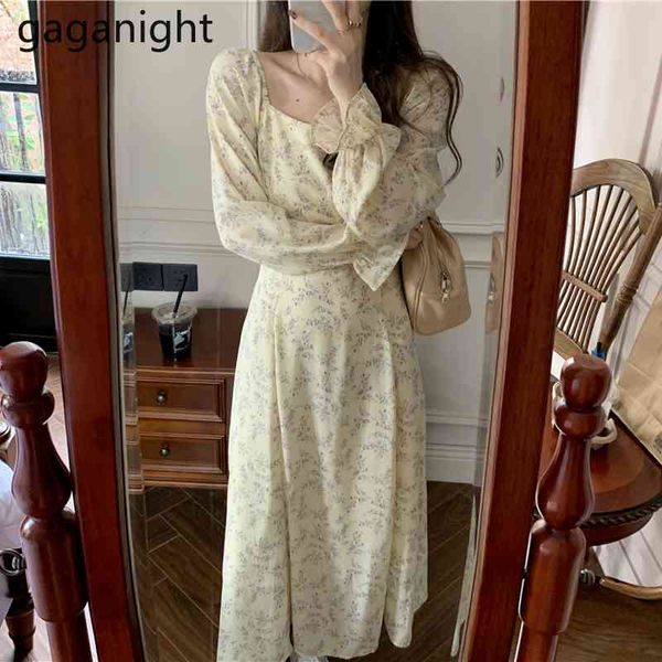 

gaganight summer women vintage dress french style square collar floral long beach dress elegant flare sleeve female dresses 210519, Black;gray