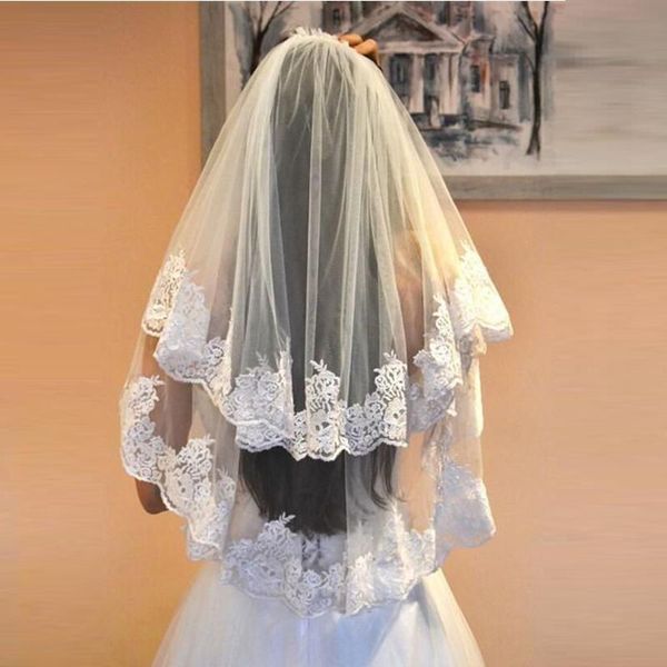 

bridal veils white ivory two layers lace edge short wedding veil with comb long bride accessories 2021, Black