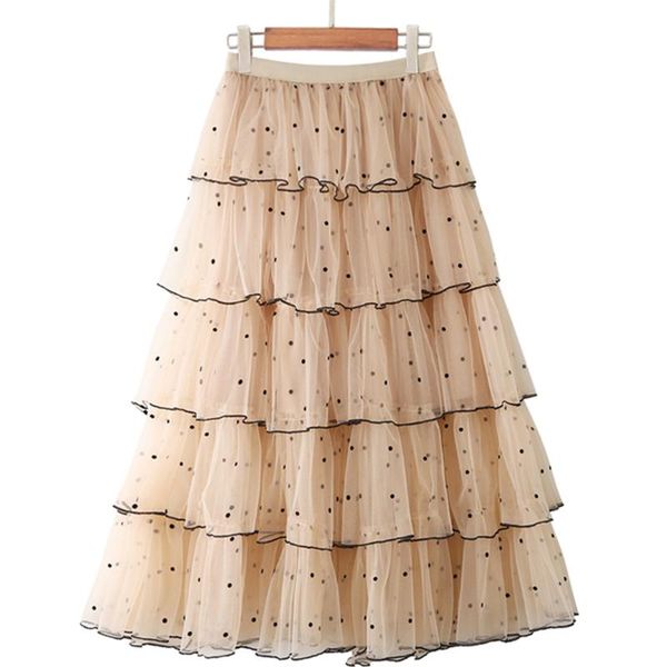 

skirts 2021 flocking dot sweet cake layered long womens mesh high waist ruffles fashion tulle pleated korean skirt, Black
